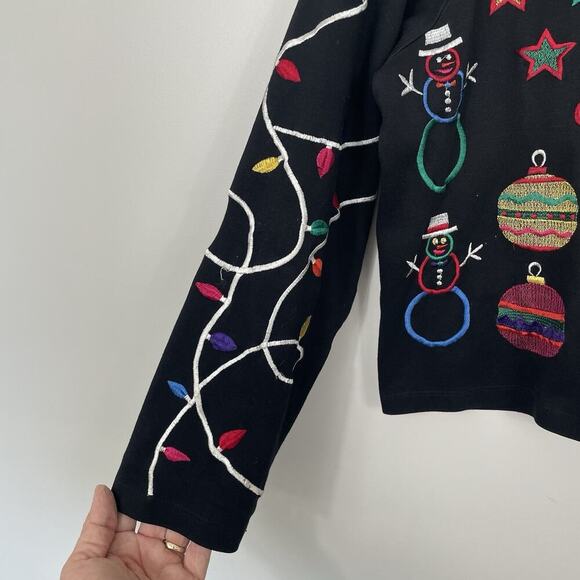 Michael Simon Lite Christmas Cardigan Sweater Size M Black Embroidered Colorful - Picture 5 of 7